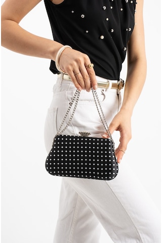Lebibe Shoes Polkıa Siyah Saten Kumaş Puantiye Desenli Zincir Askılı Klips Kapamalı Clutch Çanta