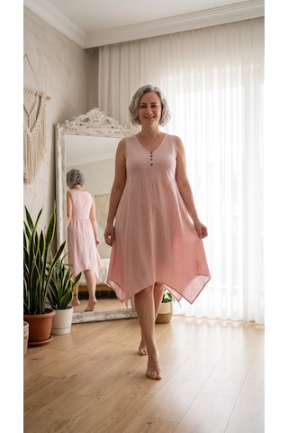 Byemelika %100 Pamuk, Bürümcük, V Yaka, Düğme Detay, Cepli, Bohem Elbise Pembe-ekru Çizgili Pembe Çizgili
