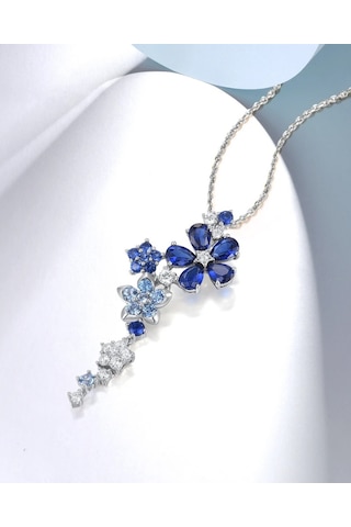 Brezza Lusso Jewelry Safir Taşlı Pırlanta Model Çiçek Demeti Kadın Gümüş Kolye 45 CM 45 CM