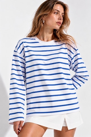 Wild Bee Kadın Saks Mavi Beyaz Çizgili Pamuklu Bisiklet Yaka Oversize Bluz