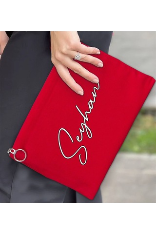 Bk Gift Kişiye Özel İsimli-6 Astarlı Kırmızı Portföy Çanta 30x21cm, Baskılı El Çantası, Organizer Çanta