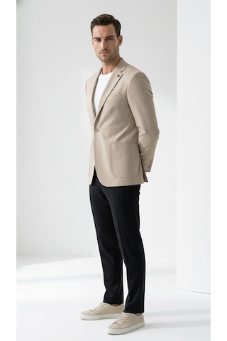 Plus Scorpion Ck089 Erkek Slim Fit Blazer Ceket Tek Düğmeli Çift Yırtmaçlı Torba Cepli Yarım Astarlı Bej