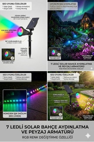 Solar Gunes Enerjili Rgb Renk Degistiren Bahce Armaturu 7 Ledli Renkli Dis Mekan Peyzaj Cim Kazikli Diğer