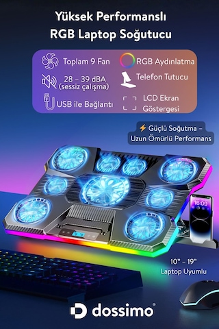 Nitro Rgb Işıklı 9 Fanlı Lcd Göstergeli 2 Usb Girişli Yükselebilen Notebook Soğutucu S24