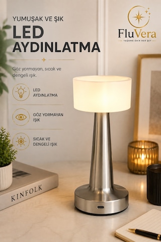 Şarjlı Gümüş Led Masa Lambası Kablosuz Dokunmatik Gece Lambası Usb-c Portatif Metal Gövdeli Gümüş