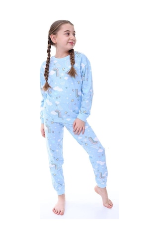 Kız Çocuk Gökkuşağı Desenli Uzun Kollu Pijama Takımı-1076 Mavi