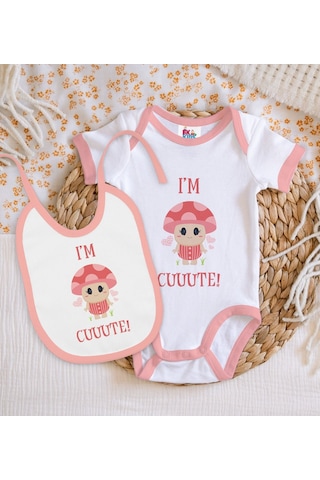Bk Kids I'm Cute Tasarımlı Pembe Bebek Body Zıbın Ve Mama Önlüğü Hediye Seti-1 Çok Renkli