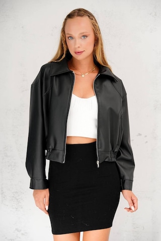 02lady Fashion Oversize Yeni Sezon Bomber Deri Ceket Siyah Siyah