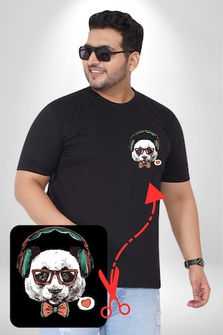 Angemiel Kulaklıklı Hipster Portre Panda Siyah Büyük Beden Kadın Basic Minimal Baskılı Tişört Siyah