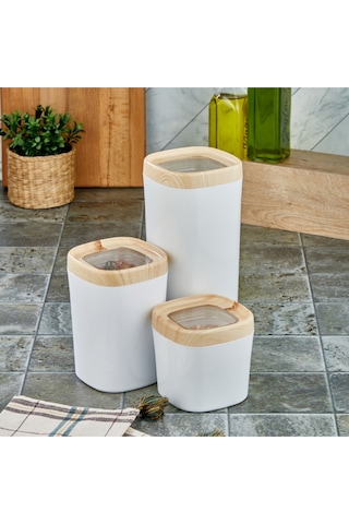 Ceronni Bonny Erzak Saklama Kabı 3lü Set Ahşap Kaplama Kapak Renkli Hazne 1,8lt - 1lt - 600ml Açık Ahşap Ahşap