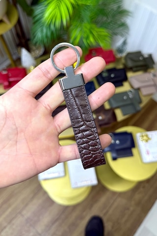 Kahverengi Croco Hakiki Deri Premium Anahtarlık Kişiye Özel İsim Baskılı