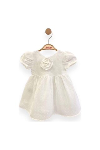 Çikoby Kız Bebek Gül Detaylı Şık Elbise-13761 Beyaz