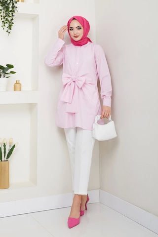 Çizgili Poplin Bağlamalı Gömlek - Pudra / Ü103 Pudra