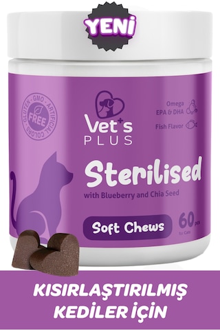 Vet's Plus Sterilised Çiğnenebilir Tablet 60'lı Kısır Kediler İçin Yaban Mersinli Urinary Destek