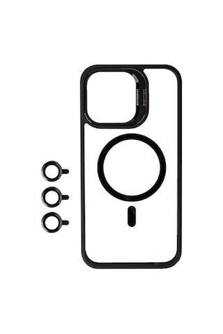 Apple Uyumlu iPhone 15 Pro Max Kılıf M-safe Şarj Özellikli Standlı Zore M-safe Klon Lensli Kapak Siyah