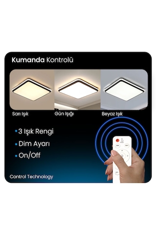 Siyah Kare Kumandalı Dimli 3 Işık Renkli 60x60cm Led Tavan Lambas Siyah