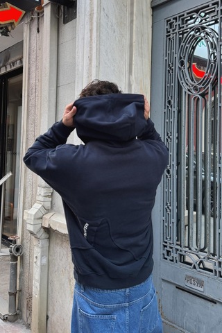 Flaw M Baskılı Hoodie-28588 Lacivert