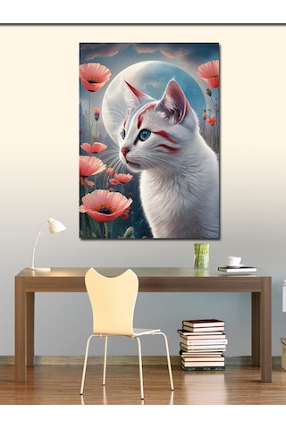 Kanvas Tablo Kedi Dolunay Ve Gelincik Çiçekleri 100cmx140cm