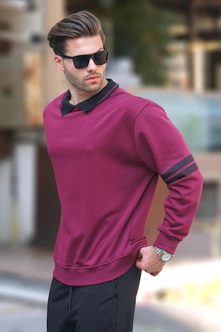 Madmext Bordo Polo Yaka Oversize Kolu Şeritli Erkek Sweatshirt 7048-bordo Bordo