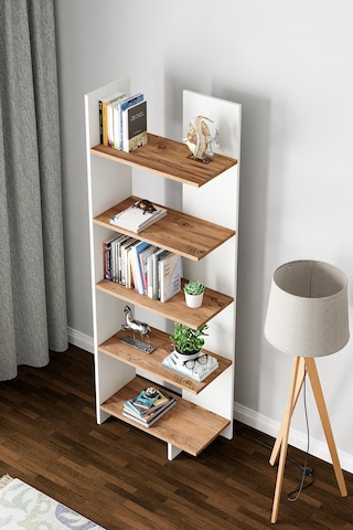 Asimetrik Beş Raflı Kitaplık Beyaz- Atlantik Çam