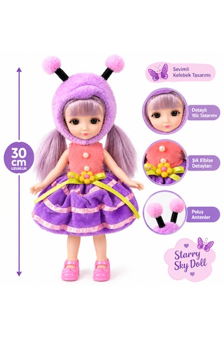 Starry Sky Doll Kelebek Kostümlü Bebek 30 Cm Mor Saçlı Peluş Şapkalı Oyuncak Bebek 3+ Yaş