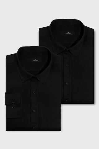 Tudors 2'li Paket Siyah Slim Fit Kolay Ütü Teri Emen Nefes Alan Doku Dört Mevsim Erkek Gömlek-37918 Siyah