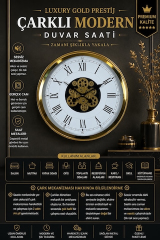 Luxury Gold 60 Cm Çarklı Duvar Saati