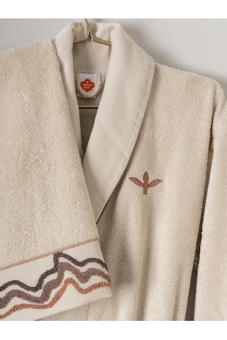 Cotton Box Puff Nakışlı Aile Bornoz Seti Molende Bej-antrasit Antrasit Bej