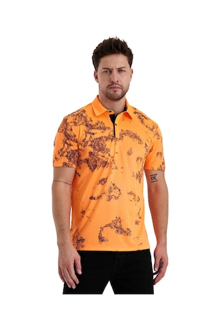 Gölge Desenli Spor Polo Yaka Erkek Kısa Kol Tişört Oranj