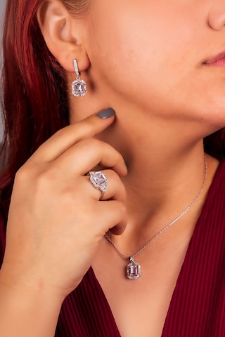 925 Ayar Gümüş Rodyumlu Triple Zirkon Süslemeli Baget Bayan Takı Seti -8244 Gümüş