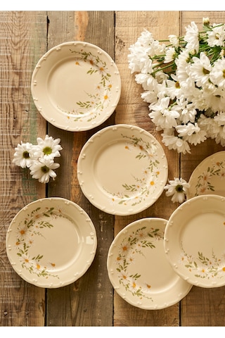 Bella Maison Daisy Porselen 6'lı Pasta Tabağı Krem 20 Cm Krem