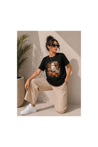 Butik İstanbul Balkabağı Hayalet Baskılı Tişört Kısa Kol Yazlık T-shirt - Siyah
