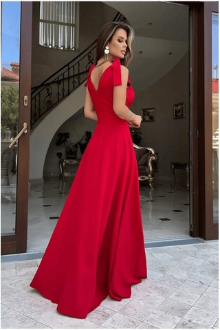 Etiler Collection Kadın Askılı Omuzdan Bağlamalı Kruvaze Yakalı Uzun Yırtmaçlı Janjan Krep Elbise Kırmızı