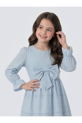 Pina Kids Kız Çocuk Uzun Kollu Önü Kurdelalı Fisto Elbise Mavi