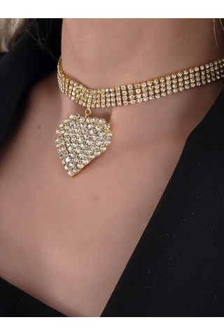 Sallantılı Kalp Model Rhinestone Choker Tasma Model Gold Renk Kolye Gold Çok Renkli