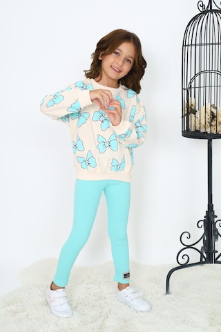Lolliboomkids Kız Çocuk Yeni Sezon Aqua Mavi Kelebek Fiyonk Desen Fitilli Tayt Sweatshirt Alt Üst Takım Mavi - Beyaz