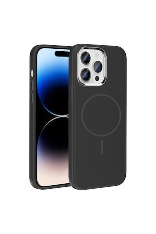 Zore Apple iPhone Uyumlu 14 Pro Max Kılıf M-safe Şarj Özellikli Metal Kamera Çerçeveli Omsy Edi Silikon Kapak - Siyah