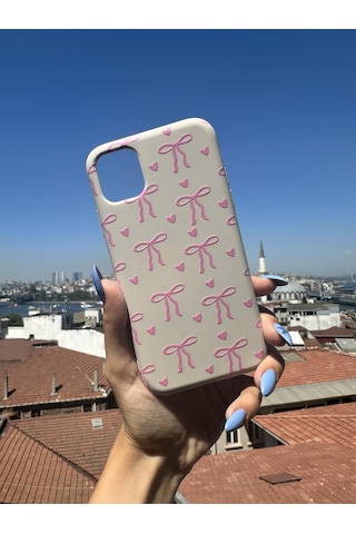 İphone 11 Pro Max Uyumlu Pembe Kurdele Tasarımlı Telefon Kılıfı - Krem