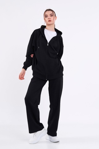 Kadın Siyah Normal Kalıp Basic Beli Lastikli Kapüşonlu Oversize Mevsimlik Alt Üst Eşofman Takımı Cmre7367 Siyah