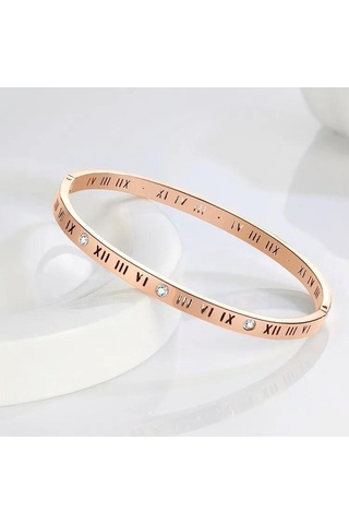 Roma Rakam Ince Taşlı Rose Çelik Bileklik Rose Gold