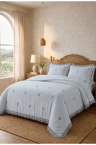 Perla Gri Nakışlı Çift Kişilik Yatak Örtüsü Takımı 3 Parça 240x260 Cm Açik Gri