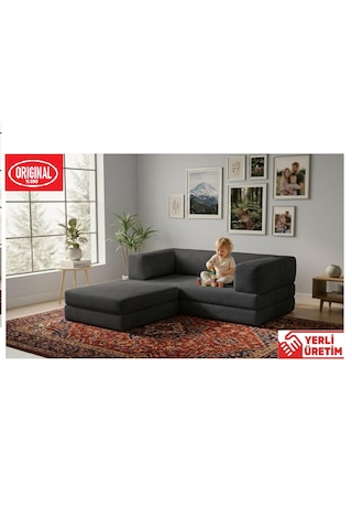 Herev 180x180 Cm 50 Dns Modüler Köşe Koltuk Fitilli Kadife Kumaş, Yatak Olabilen, Modern Tasarım Şark Köşe Füme