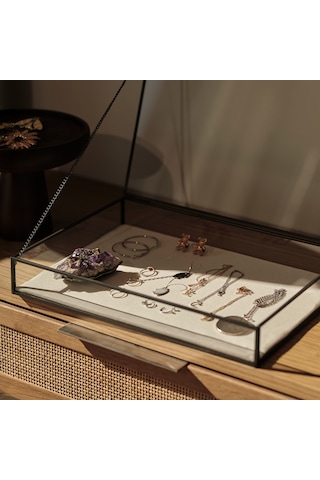 Cam Takı Ve Aksesuar Kutusu Keten Tabanlı Siyah 35x25x5cm