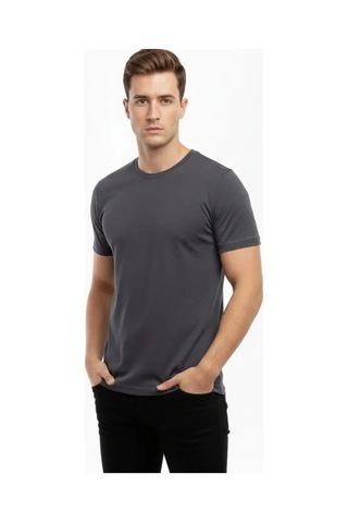 Butik İstanbul Erkek T-shirt Bisiklet Yaka Slim Fit Dar Kesim Likralı Tişört Günlük Basic Body - Füme