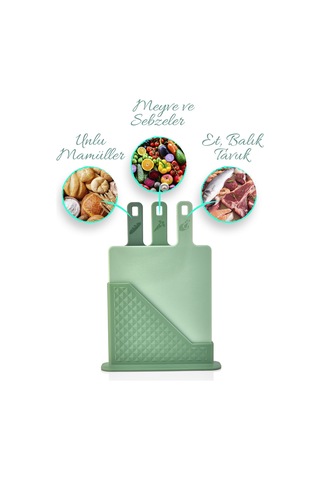 4'lü Tezgah Üstü Standlı Kulplu Kesme Tahtası - Çoklu Doğrama Tahtası Ekmek Sebze Et Kesim Panosu Yeşil