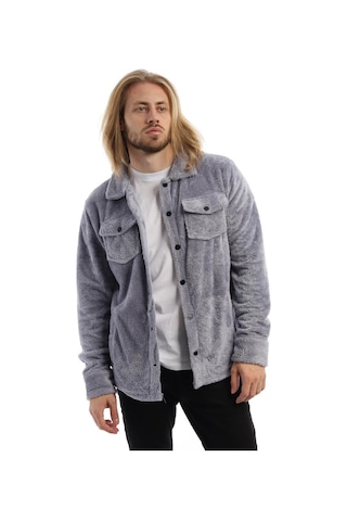 Erkek Çıt Çıt Detaylı Cepli Peluş Ceket Gri-mavi Gri
