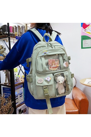 Samdoo Yeşil Klasik Kumaş Sırt Çantası - Üniversite Öğrenci İçin Hafif, Dayanıklı Outdoor Spor Turizm Çantası Rozetli Yeşil