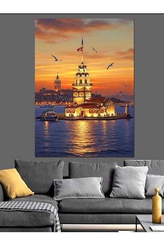Ahşap Tablo Gece Işıkları Altında İstanbul Kız Kulesi