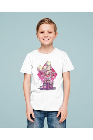 Sevbano Harley Quinn Joker Baskılı Unisex Film Karakteri Çocuk Tişört 1- Beyaz