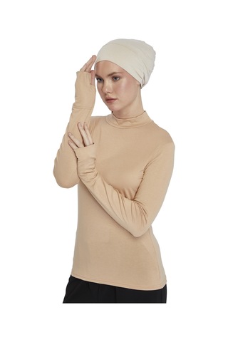 Kadın Organik Parmak Geçmeli Balıkçı Yakalı Body Koyu Bej